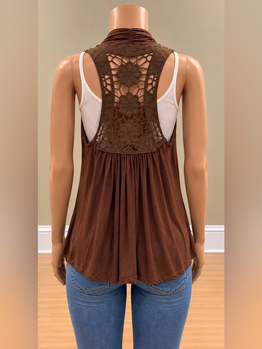 Vintage 2002 Free People Brown Crochet Back Draped Vest Y2K Boho Rare